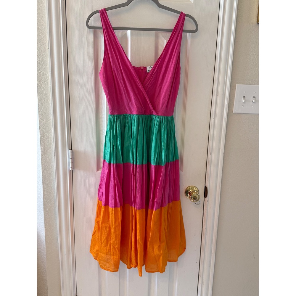 MIRA Color Block V Neck Sleeveless Midi Dress Women's Size S‎ Pink Teal Orange